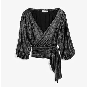 EXPRESS NEGIN MIRSALEHI METALLIC FRONT WRAP TOP